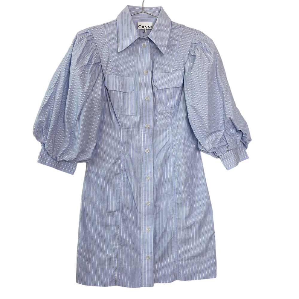 Ganni Blue Cotton Striped Button Front Balloon Sleeve Shirt Dress Mini - Picture 2 of 8
